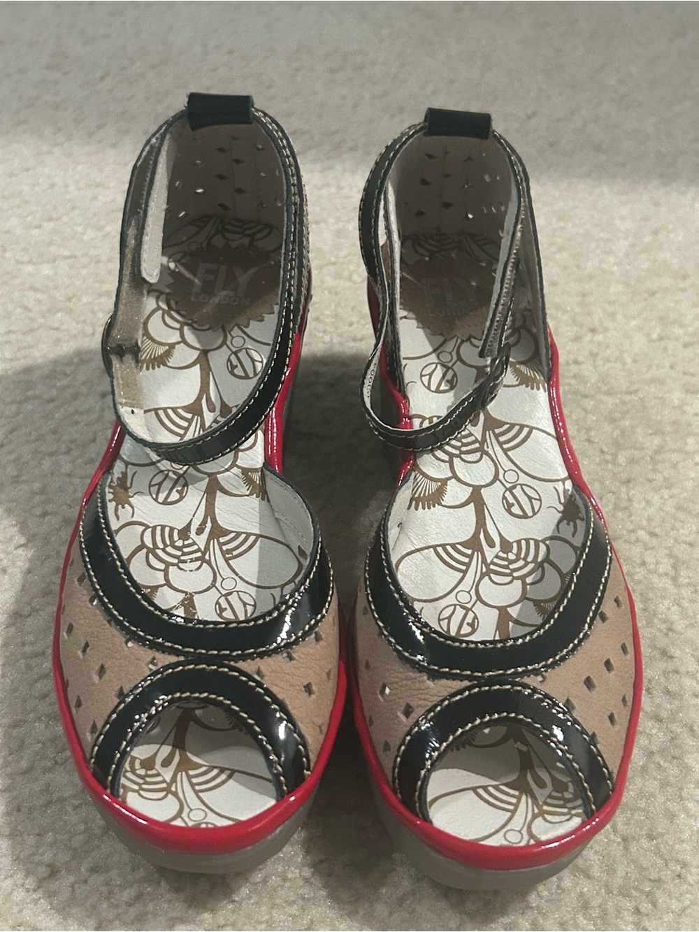 Fly London Women’s Beige and Black Peep-Toe Wedge Sandals with Red Trim 7